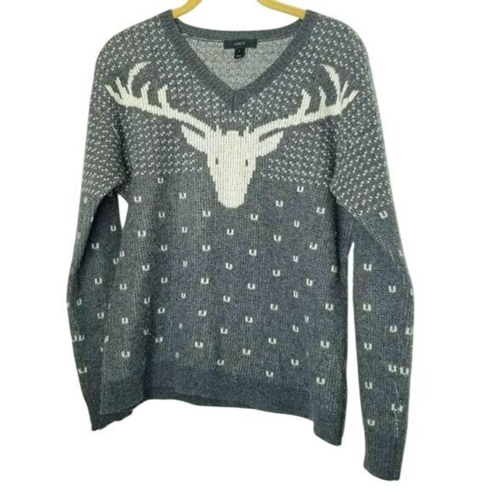 J. Crew Gray Wool Reindeer V-Neck Knit Sweater Christmas‎ Holiday Winter Medium